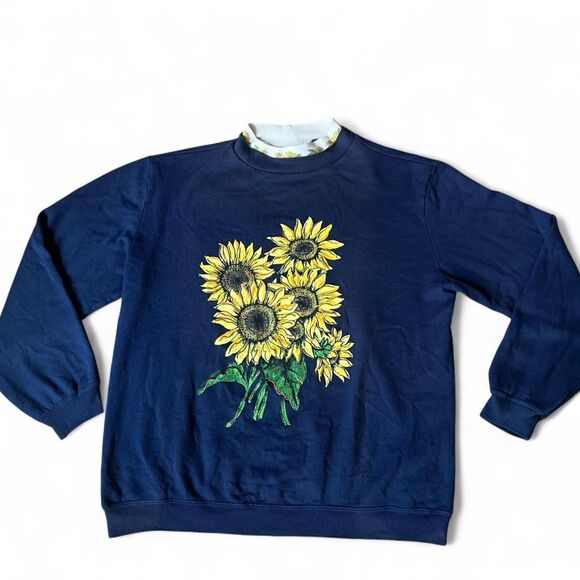 Vintage Sweaters - Vintage “Blair” 100% acrylic Navy blue glittery painted sunflower crewneck.